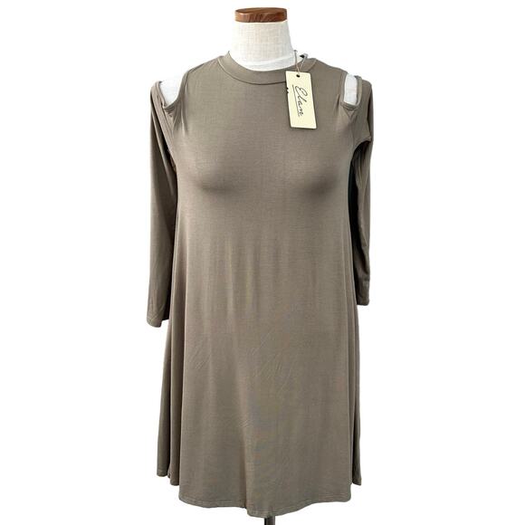 NWT Elan Soma Olive Dress S Cold Shoulder Flounce Relaxed Fit Stretch Casual - Picture 2 of 15